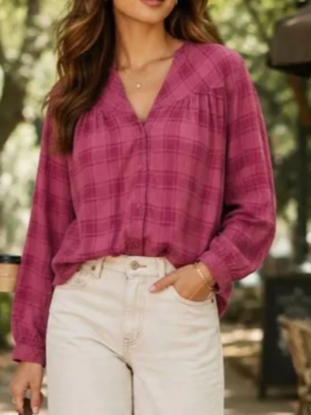 NWT Anthropologie Cloth & Stone Burgundy Plaid V-Neck Blouse Sz M